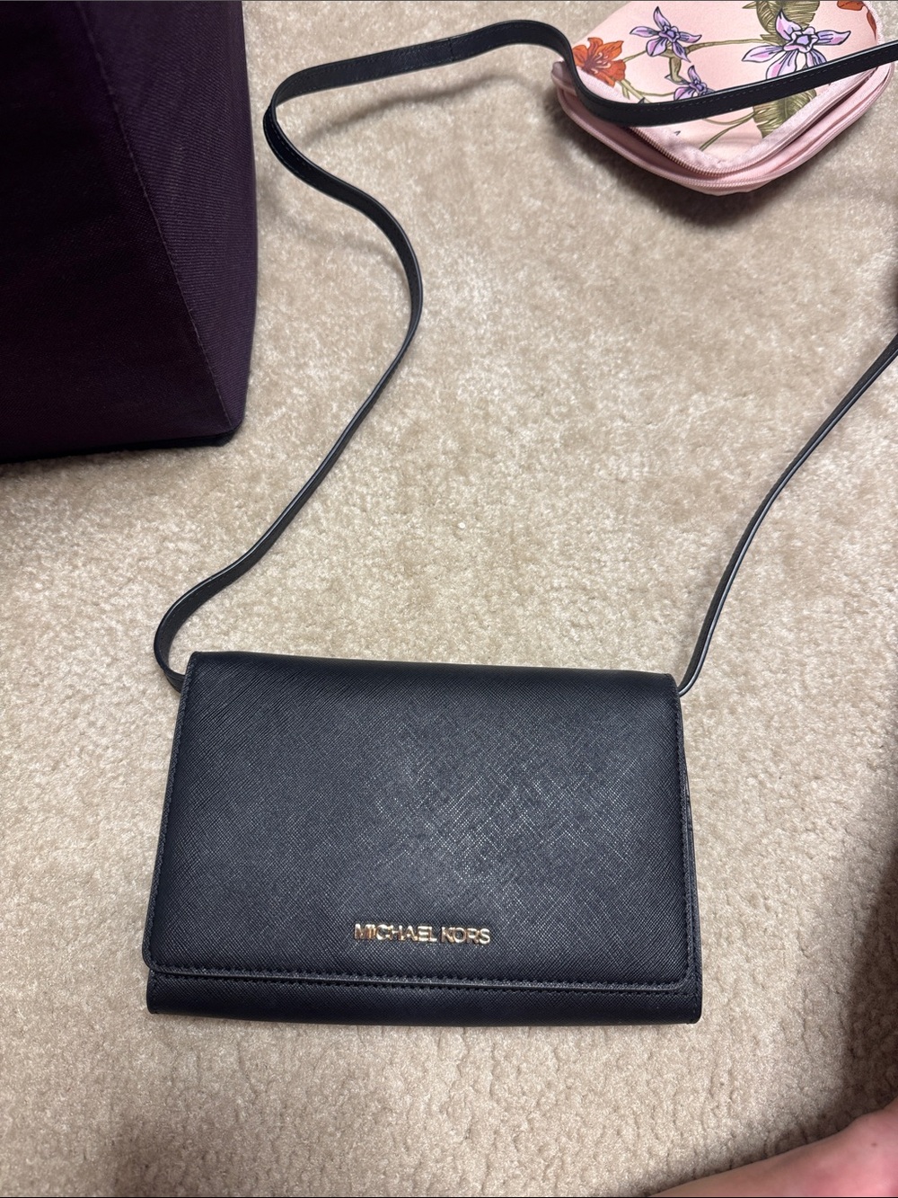 Michael Kors Black Saffiano Leather Crossbody Wallet with Gold Logo